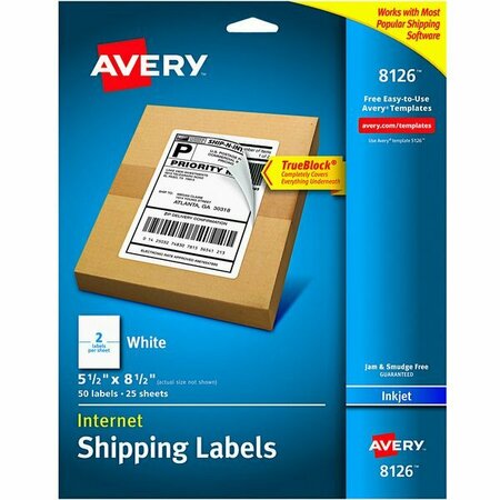 AVERY 8126 TrueBlock 5 1/2'' x 8 1/2'' White Permanent Internet Shipping Labels for Inkjet Printers, 50PK 1548126